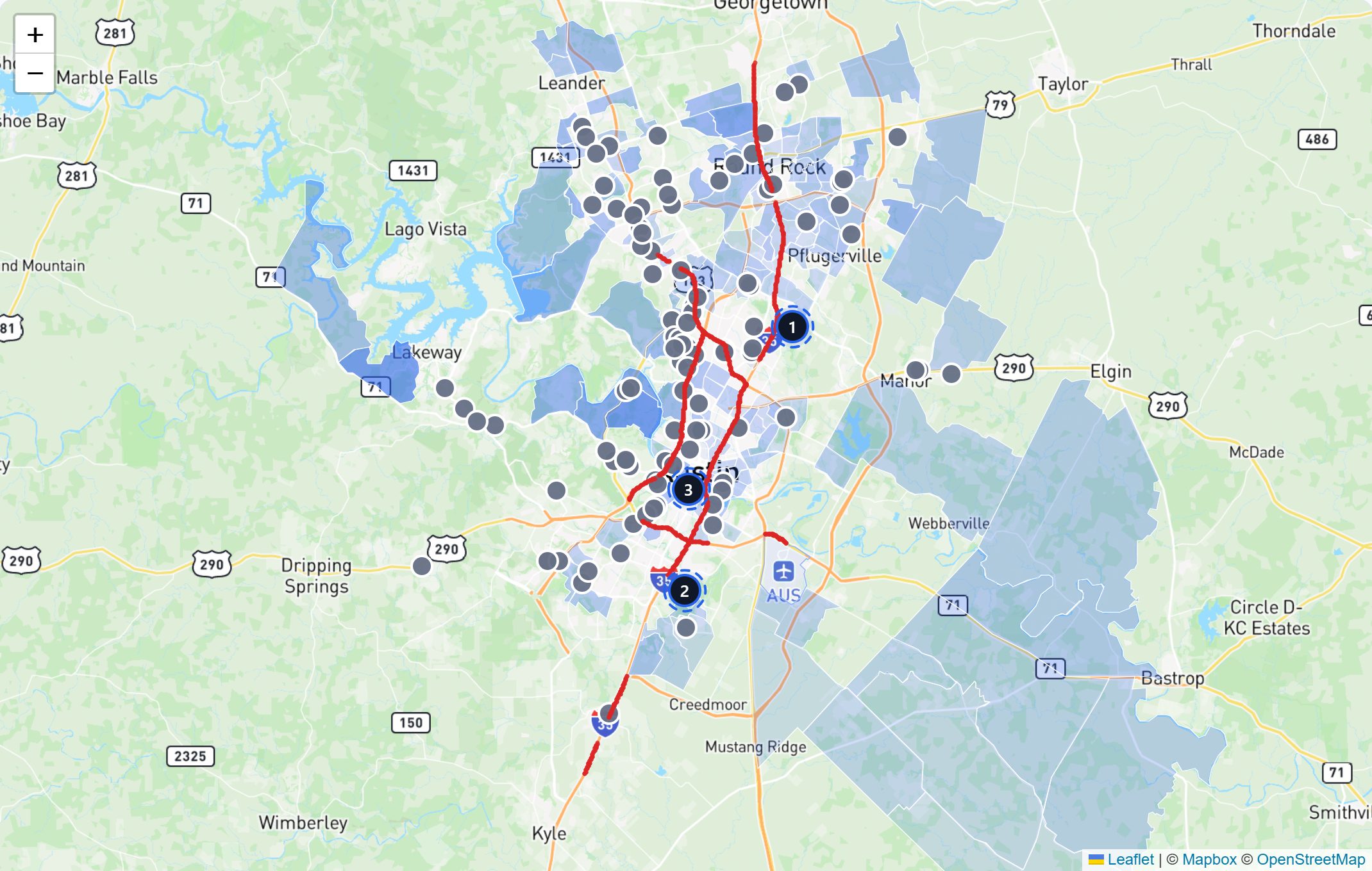 The demand map from a live dental scan of Austin, TX, coloring real census neighborhoods by the customer profile
